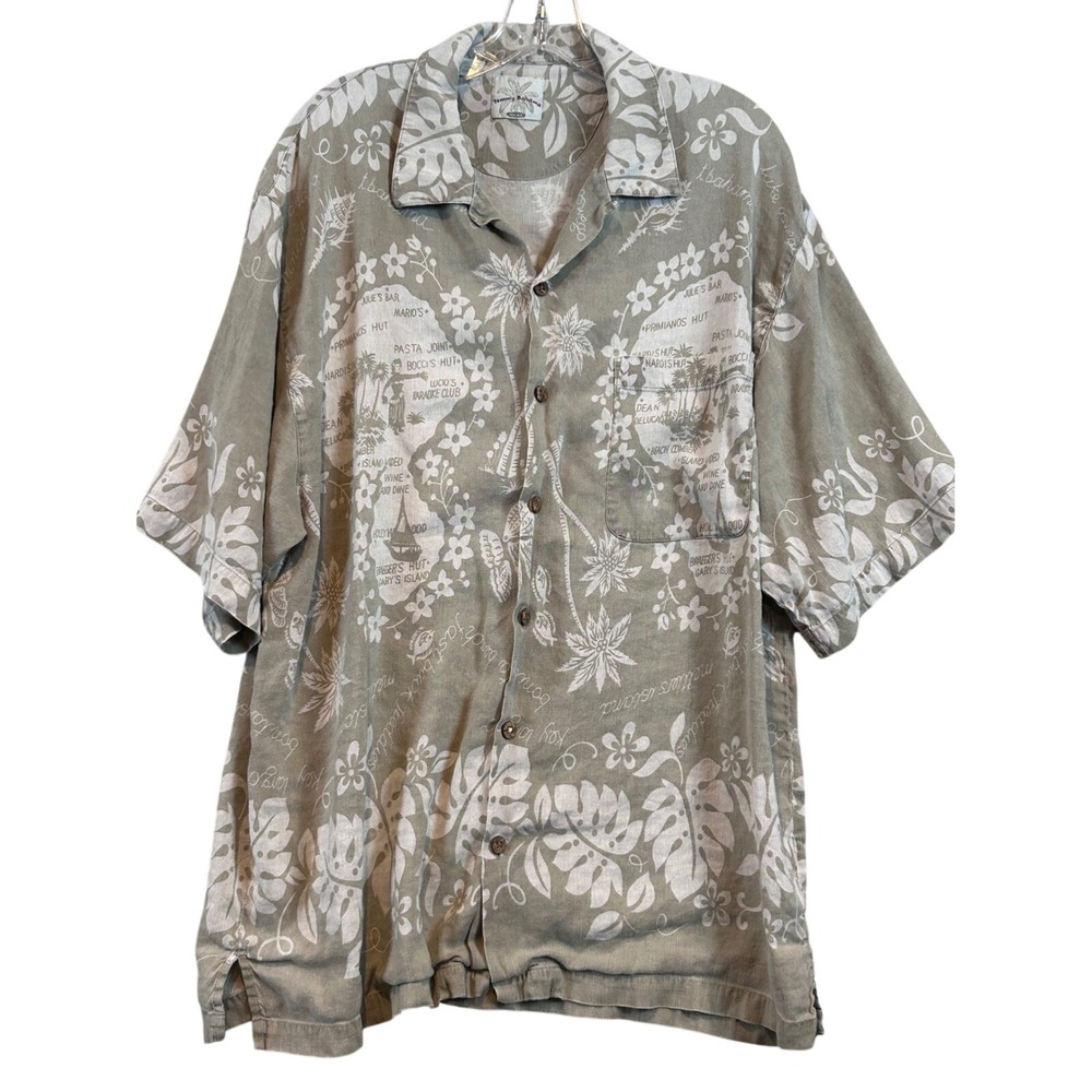 VTG Tommy Bahama Relax Mens L Linen Rayon Island Map Floral Hawaiian Shirt Beige